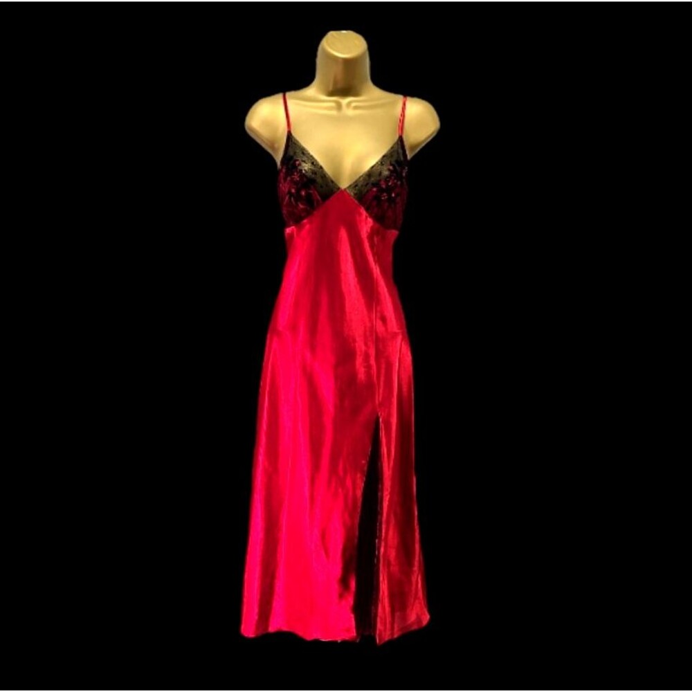 Red Satin Black Lace Beaded Long Maxi Babydoll Slip Dress Med Nightgown Romantic